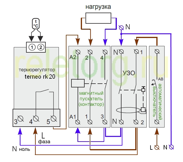 Подключение терморегулятора через пускатель схема Терморегулятор terneo rk20 AC230V 20А, с датчиком DS18B20